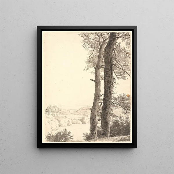 Landscape painting of Skarrits with two large beech trees in the foreground - P. C. Skovgaard — framed artwork on a wall