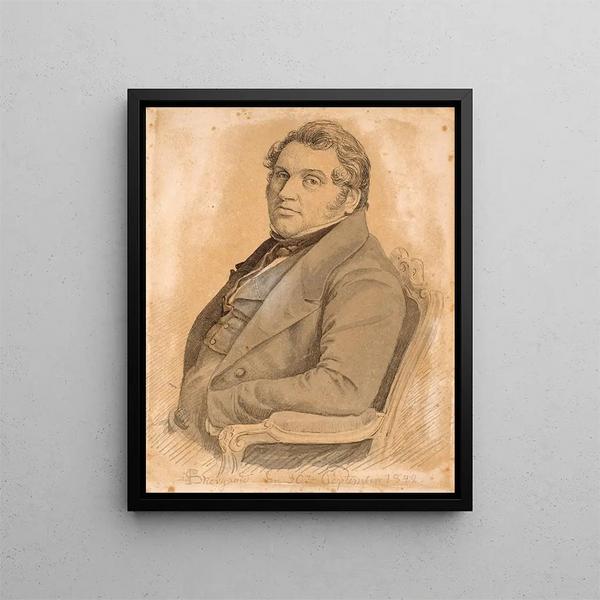 Portrait of a plump man sitting half-length, three-quarters profile to the left - P. C. Skovgaard — framed artwork on a wall