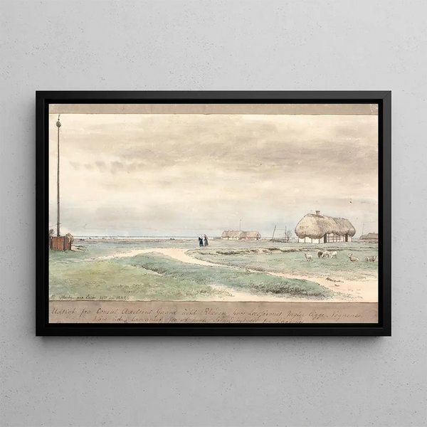 View from the consul Axelsen's courtyard to the harbor where the hunters of Læsø are located - P. C. Skovgaard — framed artwork on a wall