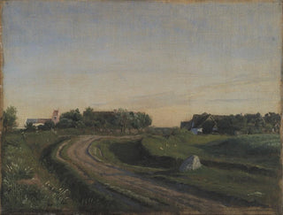 Vejby painting with the church viewed from the north, evening light, Zealand - P. C. Skovgaard — artwork view