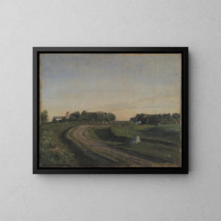 Vejby painting with the church viewed from the north, evening light, Zealand - P. C. Skovgaard — framed artwork on a wall