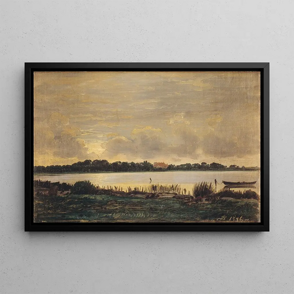 View through the Præst fjord towards the Nys manor - P. C. Skovgaard — framed artwork on a wall
