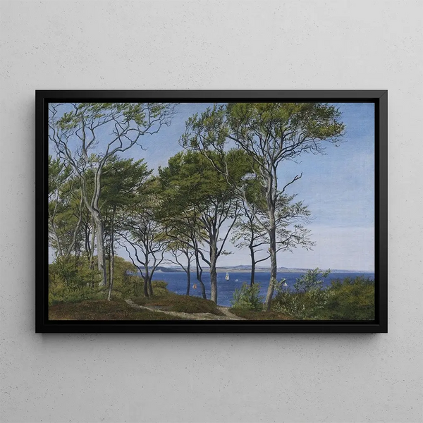 View through beech trees on a fjord - P. C. Skovgaard — framed artwork on a wall