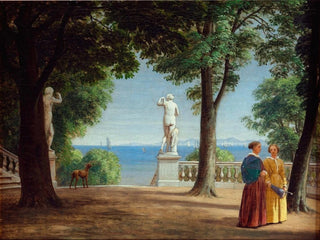 View towards Kullen from a garden terrace with statues - P. C. Skovgaard — artwork view