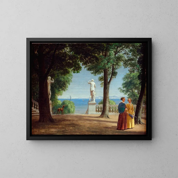 View towards Kullen from a garden terrace with statues - P. C. Skovgaard — framed artwork on a wall