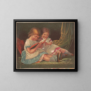 Two Young Girls Reading a Book - Peter O. Vickery — framed artwork on a wall
