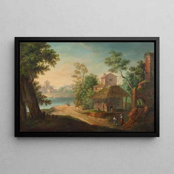 A village by a riverside with fishermen and farmers - Paolo Anesi — framed artwork on a wall