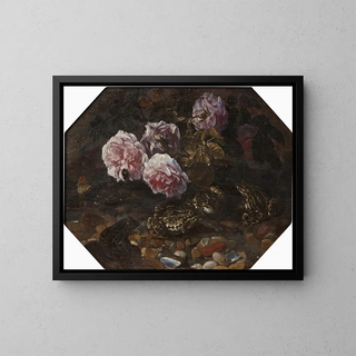 Frogs, wild roses, shells and butterflies - Paolo Porpora — framed artwork on a wall