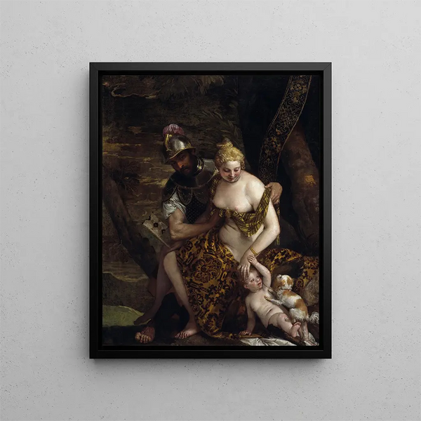 Mars Venus and Cupid Mars and Venus with Cupid and a dog - Paolo Véronèse — framed artwork on a wall