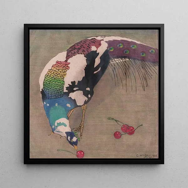 Peacock with Feathers of Weigefleckter - Carl Moser — framed artwork on a wall