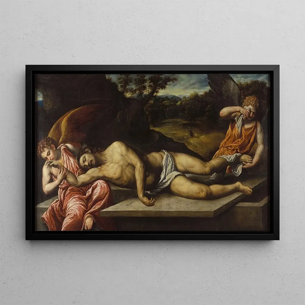 The Dead Christ wept by angels - Paris Bordone — framed artwork on a wall