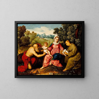 Virgin and Child with Saints Jerome and Francis - Paris Bordone — framed artwork on a wall