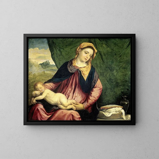 Madonna with the Sleeping Child - Paris Bordone — framed artwork on a wall