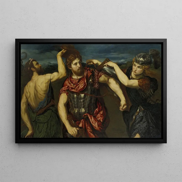 Perseus armed by Mercury and Minerva - Paris Bordone — framed artwork on a wall