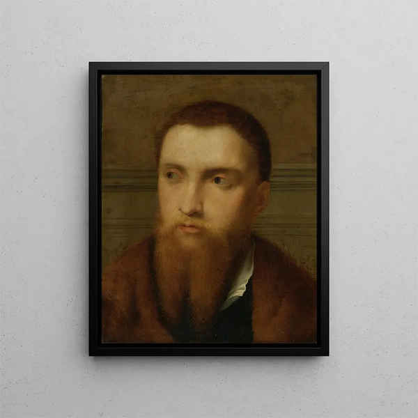 Portrait of a bearded man head and shoulders in an interior - Paris Bordone — framed artwork on a wall