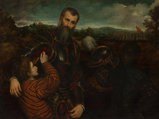 Portrait of a man in armor with two pages - Paris Bordone — artwork view