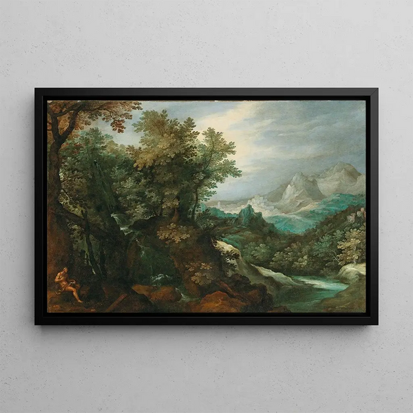 Mountainous Landscape Painting with a Hermit - Paul Bril — framed artwork on a wall