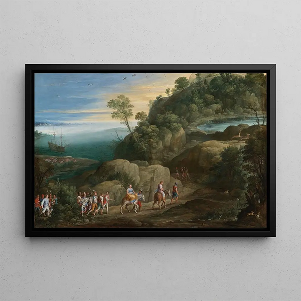 a vast landscape with scenes from the Historiae Aethiopica - Paul Bril — framed artwork on a wall