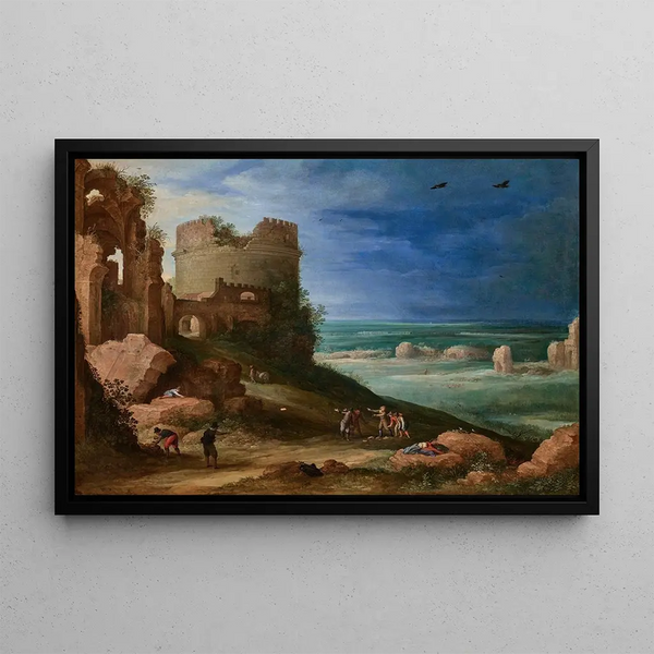 Capriccio painting of the Via Appia Antica near Rome with the Cecilia Metella tomb and the Claudius aqueduct - Paul Bril — framed artwork on a wall