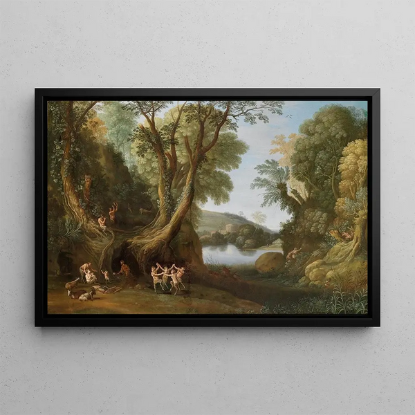 Fauns in a wooded landscape - Paul Bril — framed artwork on a wall