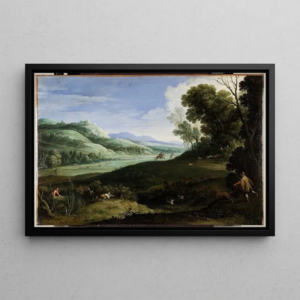 Landscape Painting with Hunters - Paul Bril — framed artwork on a wall