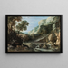 Mountain landscape painting with wildlife around a waterfall - Paul Bril — framed artwork on a wall