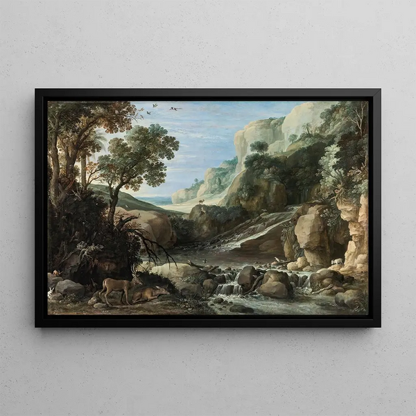 Mountain landscape painting with wildlife around a waterfall - Paul Bril — framed artwork on a wall
