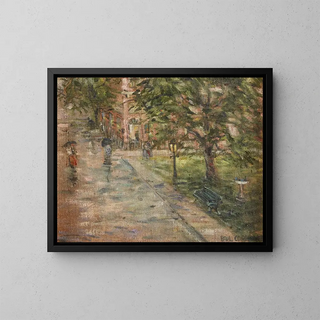 Street scene in the rain - Paul Cornoyer — framed artwork on a wall
