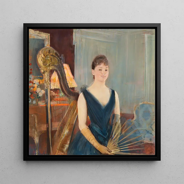 Harpist sitting with a fan - Paul César Helleu — framed artwork on a wall
