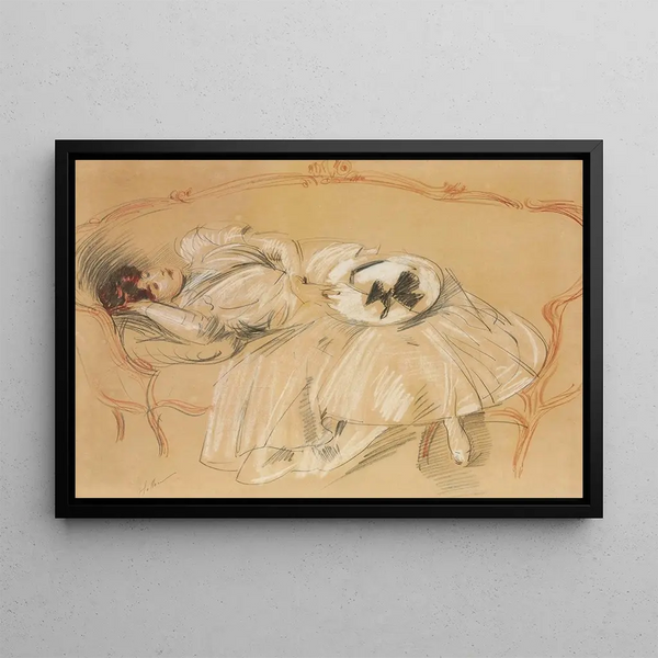 Young woman on the sofa - Paul César Helleu — framed artwork on a wall
