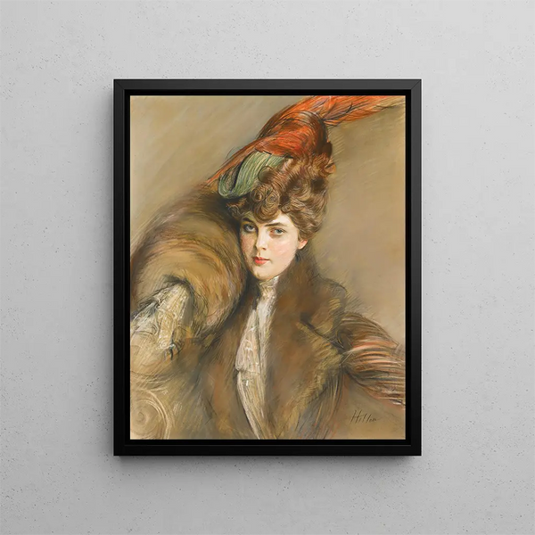 Dame au chapeau de plumes - Paul César Helleu — framed artwork on a wall