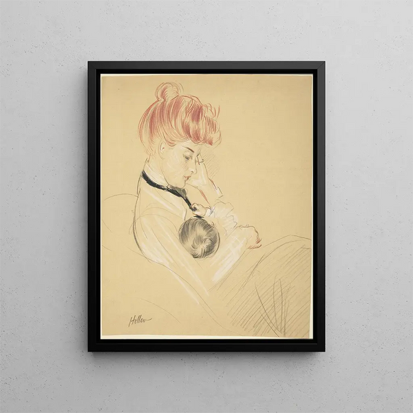 Madame Helleu cradling Paulette in her arms - Paul César Helleu — framed artwork on a wall
