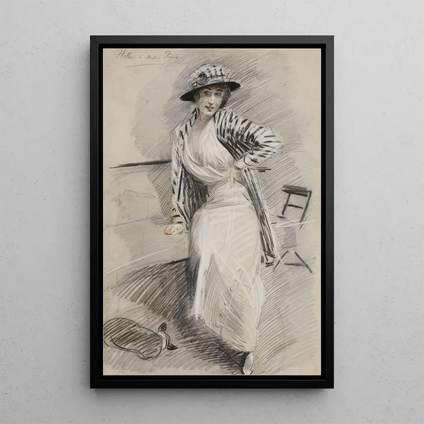 Madame Paris sitting on a bench - Paul César Helleu — framed artwork on a wall