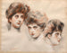 Portrait painting of Yvonne Avolle facing forward, right profile, and left profile - Paul César Helleu — artwork view