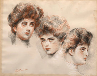 Portrait painting of Yvonne Avolle facing forward, right profile, and left profile - Paul César Helleu — artwork view