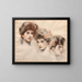Portrait painting of Yvonne Avolle facing forward, right profile, and left profile - Paul César Helleu — framed artwork on a wall