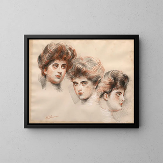 Portrait painting of Yvonne Avolle facing forward, right profile, and left profile - Paul César Helleu — framed artwork on a wall