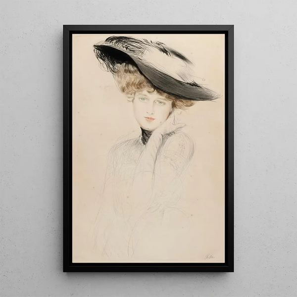 Portrait of a Woman with Hat - Paul César Helleu — framed artwork on a wall