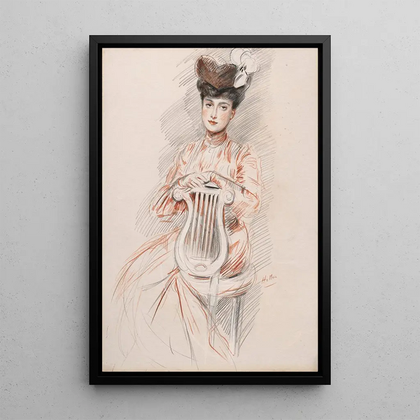 Elegant painting with lyre chair - Paul César Helleu — framed artwork on a wall