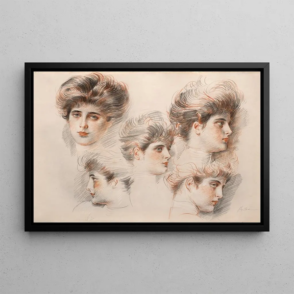 Études de cinq têtes de femme - Paul César Helleu — framed artwork on a wall