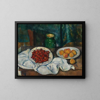 Still life with cherries and peaches - Paul Cézanne — framed artwork on a wall
