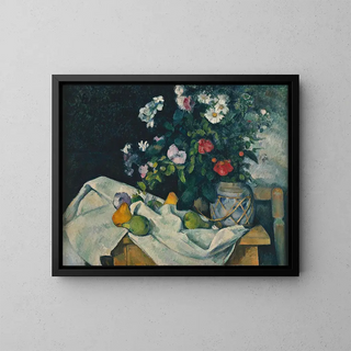 Still life with flowers and fruits - Paul Cézanne — framed artwork on a wall