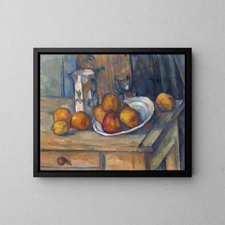 Still life with a milk jug and fruits - Paul Cézanne — framed artwork on a wall