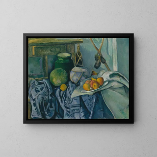 Nature morte avec un pot en gingembre et des aubergines - Paul Cézanne — framed artwork on a wall