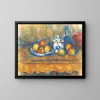 Nature morte with blue bottle, sugar bowl, and apples - Paul Cézanne — framed artwork on a wall