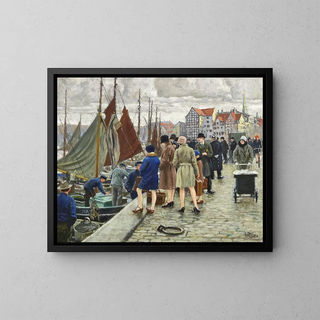 Elegant ladies with bell hats and fish - Paul Fischer — framed artwork on a wall
