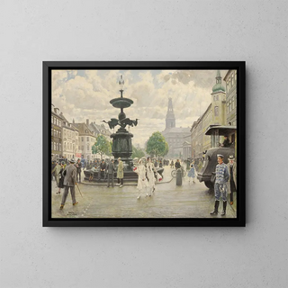 La place animée d'Amager à Copenhague - Paul Fischer — framed artwork on a wall