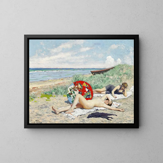 Girls and a Japanese Umbrella at Hornbæk Strand - Paul Fischer — framed artwork on a wall