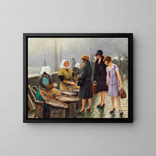 Three young ladies buy fresh fish at Gammel Strand - Paul Fischer — framed artwork on a wall
