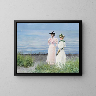 the beach at Hellerup, Miss Elisabeth Fischer and Miss Anna Pauline Bruun on a summer day at the beach in Hellerup - Paul Fischer — framed artwork on a wall